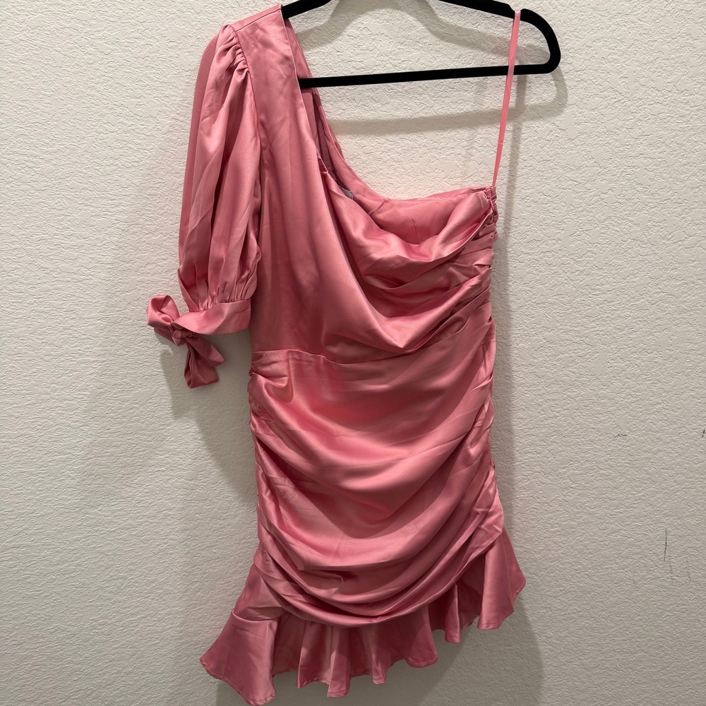 Hello Molly Pink Satin One Shoulder Ruched Mini Dress NWT Size 8 US L AU 12